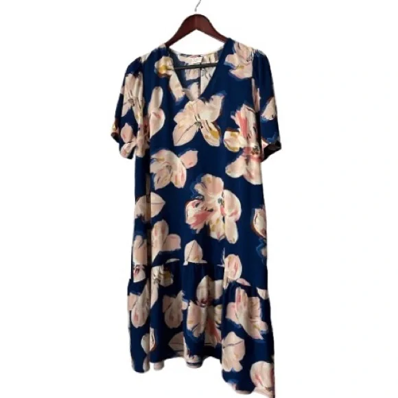 a new day Women M/L Blue Pink Floral Print Short Sleeve Above Knee Relaxed Dress - Picture 3 of 13